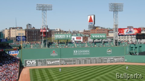 A baseball landed in a scoreboard light on Fenway Park's Green Monster