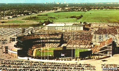 Metropolitan Stadium with Minneapolis on the horizon